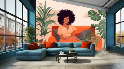 Black woman resting on sofa at living room. Cheerful african woman relaxing in apartment interior with home plants. Wellness at home. Created with Generative AI Wall mural