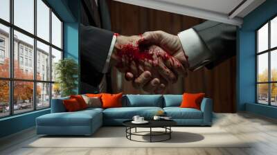 Bloody deal in global politics. Two men in business suits shake hands with red blood on hands. Weapon trading agreements in business Wall mural