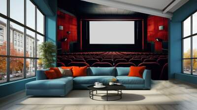 Cinema hall with red seats and white screen. Empty movie theatre interior Wall mural