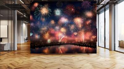 Colorful fireworks in the night sky over city. Holiday celebration and anniversary concept Wall mural