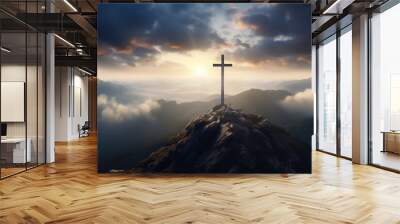 Concept of faith in God. Silhouette of a religious cross on hill in clouds. Hope for salvation, request for help to heaven Wall mural