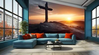 Concept of faith in God. Silhouette of a religious cross on mountain peak at sunset. Hope for salvation, request for help to heaven Wall mural