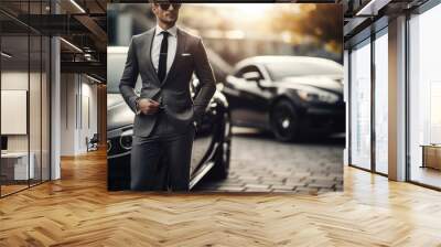 Confident businessman in suit stands next to luxury car. Concept of wealth and success. Wall mural