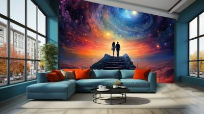 Couple in love walking together in surrealistic landscape. Man and woman standing at edge of land with colorful fantastic sky. Cosmic love and romantic emotions Wall mural