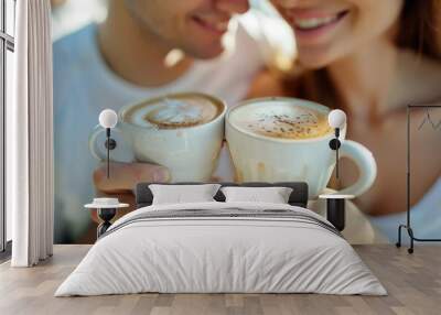 Couple is having breakfast in summer cafe. Man and woman holding cups of coffee Wall mural