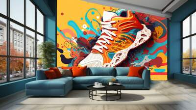 Creative bright colorful sneakers on abstract background. Sport footwear and fashion concept. Banner for design. Created with Generative AI Wall mural