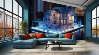 Digital project of residential building. House hologram. Virtual blueprint of smart home Wall mural