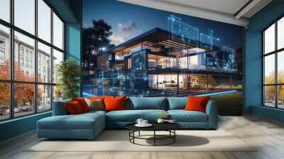 Digital project of residential building. House hologram. Virtual blueprint of smart home Wall mural