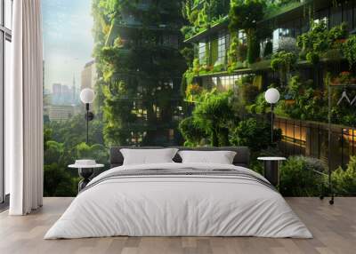 Eco-friendly building with lush greenery in sustainable urban area. Modern city architecture Wall mural