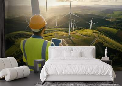 Engineer inspecting wind turbines, holding tablet in hands Development of green energy Wall mural