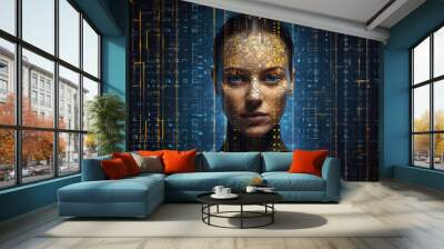 Female face against binary code. Human looking at camera from matrix digital signs and numbers. Artificial intelligence in network. Created with Generative AI Wall mural