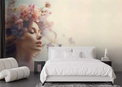 Female portrait with flowers in her head. Creative background with stylish woman. Fashion portrait. Summer style Wall mural