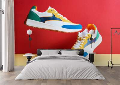 Flying trendy sneakers on creative colorful background, Stylish fashionable minimalism concept, Levitation shoes Wall mural