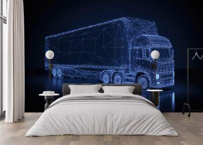 Futuristic cargo truck on highway at night. Glowing truck with trailer. Shipment and logistick concept. Created with Generative AI Wall mural