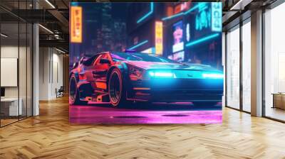 Futuristic sport car with retro design at night city street with neon glowing lights. Cyberpunk background. Created with Generative AI Wall mural