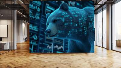 Glowing digital bear against backdrop of data charts and graphs. Concept of stock market decline, finance and technology Wall mural