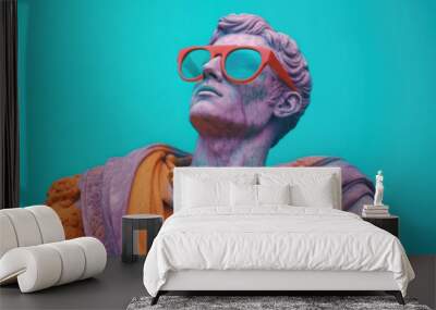 Gypsum statue in sunglasses on colored abstract background. Creative aesthetic contemporary art collage. Fashion wallpaper. Created with Generative AI Wall mural