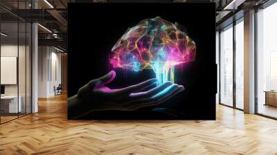 Hand touching digital neural network. Communication with artificial intelligence. Futuristic cyberspace background. Created with Generative AI Wall mural