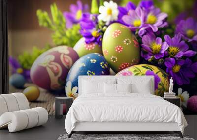 Happy Easter background. Colourful Easter eggs and flowers on wooden table. Spring holiday. Created with Generative AI Wall mural