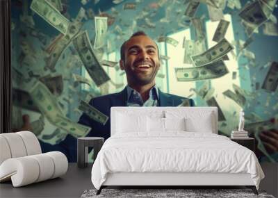 Happy successful man standing under money rain. A lot of dollar banknotes falling on smiling man. Success and wealth concept. Created with Generative AI Wall mural