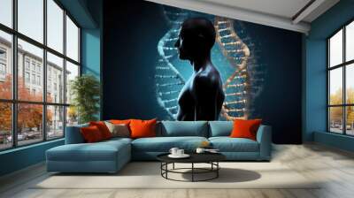 Human body silhouette and DNA helix. Biotechnologies and human genomic code concept. Created with Generative AI Wall mural