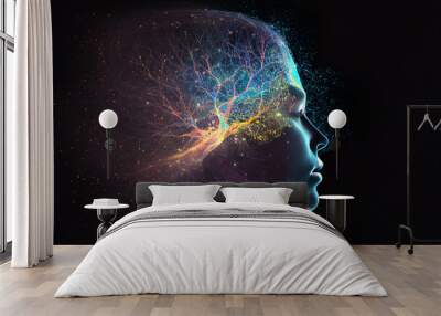 Human head with glowing neurons in brain. Esoteric and meditation concept. Connection with other worlds. Creates with Generative AI Wall mural