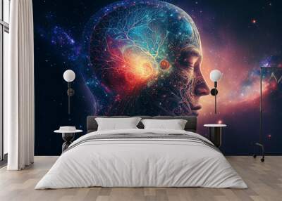 Human head with glowing neurons in brain. Esoteric and meditation concept. Scientific and philosophic illustration. Creates with Generative AI Wall mural