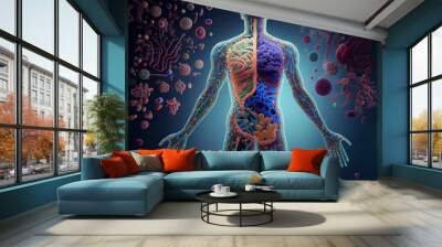 Immune system, protection against viruses and bacterias. Different shapes bacterias and virus cells near person silhouette. Created with generative ai Wall mural