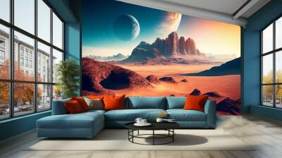 Landscape of unknown red planet surface with craters and mountains with satellites in the sky. Fantasy world. Created with generative ai. Wall mural