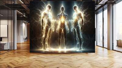 Levitating human souls in heaven. Astral body and after life concept. Transfer of human consciousness to another world. Created with Generative AI Wall mural