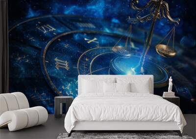 Libra zodiac sign against horoscope wheel. Astrology calendar. Esoteric horoscope and fortune telling concept. Wall mural