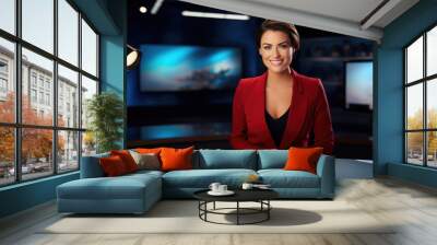 Live news. Female anchor in TV studio on air. Newscaster portrait Wall mural