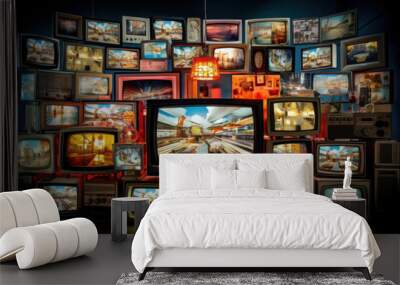 Lots of TV screens in a dark room. Television addiction. Manipulation of people with the help of mass media. Entertainment and streaming content consumption Wall mural