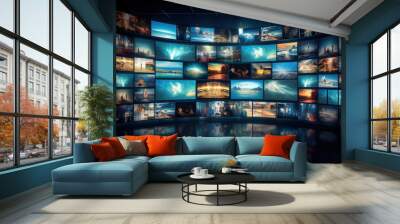 Lots of TV screens in a dark room. Television addiction. Manipulation of people with the help of mass media. Entertainment and streaming content consumption Wall mural