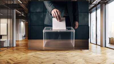 Male voter hand putting bulletin in ballot box. Elections and voting concept. Created with Generative AI Wall mural