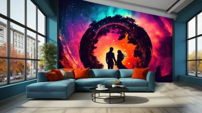 Man and woman standing together against abstract futuristic background. Human souls couple in love. Esoteric and spiritual life concept. Cosmic love. People feelings. Created with generative AI Wall mural