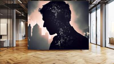 Mental health and spiritual awakening concept. Silhouette of man with double exposure effect. Created with Generative AI Wall mural