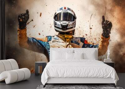 Motorsports championship. Formula 1 driver in helmet celebrates winning the Grand Prix. Portrait of champions racer Wall mural