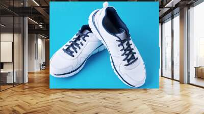 Pair of male white sneakers on a blue background. Sport shoe close up Wall mural