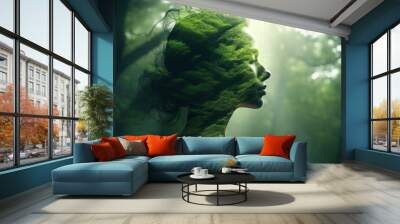 People and nature concept. Double exposure portrait of woman with green forest, creative artwork Wall mural