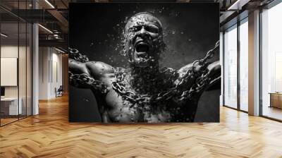 Person breaks chains on himself, frees himself from captivity of consciousness. Man emotionally gets rid of shackles, dark background. Created with Generative AI Wall mural