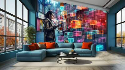 Person walking in digital world. Human lost in futuristic cyberspace made of colorful cubes. Digital addiction. Created with Generative AI Wall mural