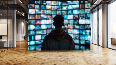 Person watching a lot of TV screens. Propaganda and fake news concept. Politicians manipulate society with help of public television Wall mural