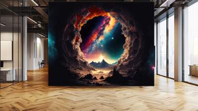 Portal to another world. Futuristic cosmic landscape with circle tunnel in starry sky. Gate in space futuristic background with galaxy and nebula. Created with Generative AI Wall mural