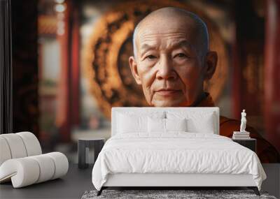 Portrait of elderly Buddhist monk wearing orange robe against traditional temple backdrop Wall mural