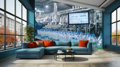 Production line of drinking water and carbonated drinks on conveyor belt in bottling factory with factory worker analyzing production data. Plastic bottles on production line Wall mural