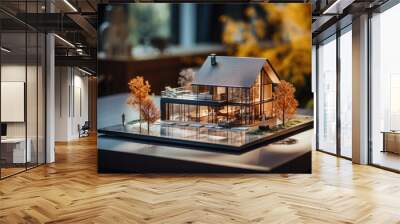 Real estate market. Mortgage and investment. Model of house building standing on architectural plan. Technical project of new house. Created with Generative AI Wall mural