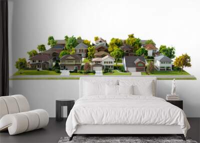 Row of detailed miniature model houses in suburban neighborhood isolated on white background Wall mural