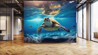 Sea turtle swimming underwater in blue ocean water. Created with Generative AI Wall mural