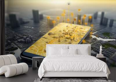 Smartphone with navigation system route with panoramic city background. Search for route in road trip, virtual path to point. Created with Generative AI Wall mural